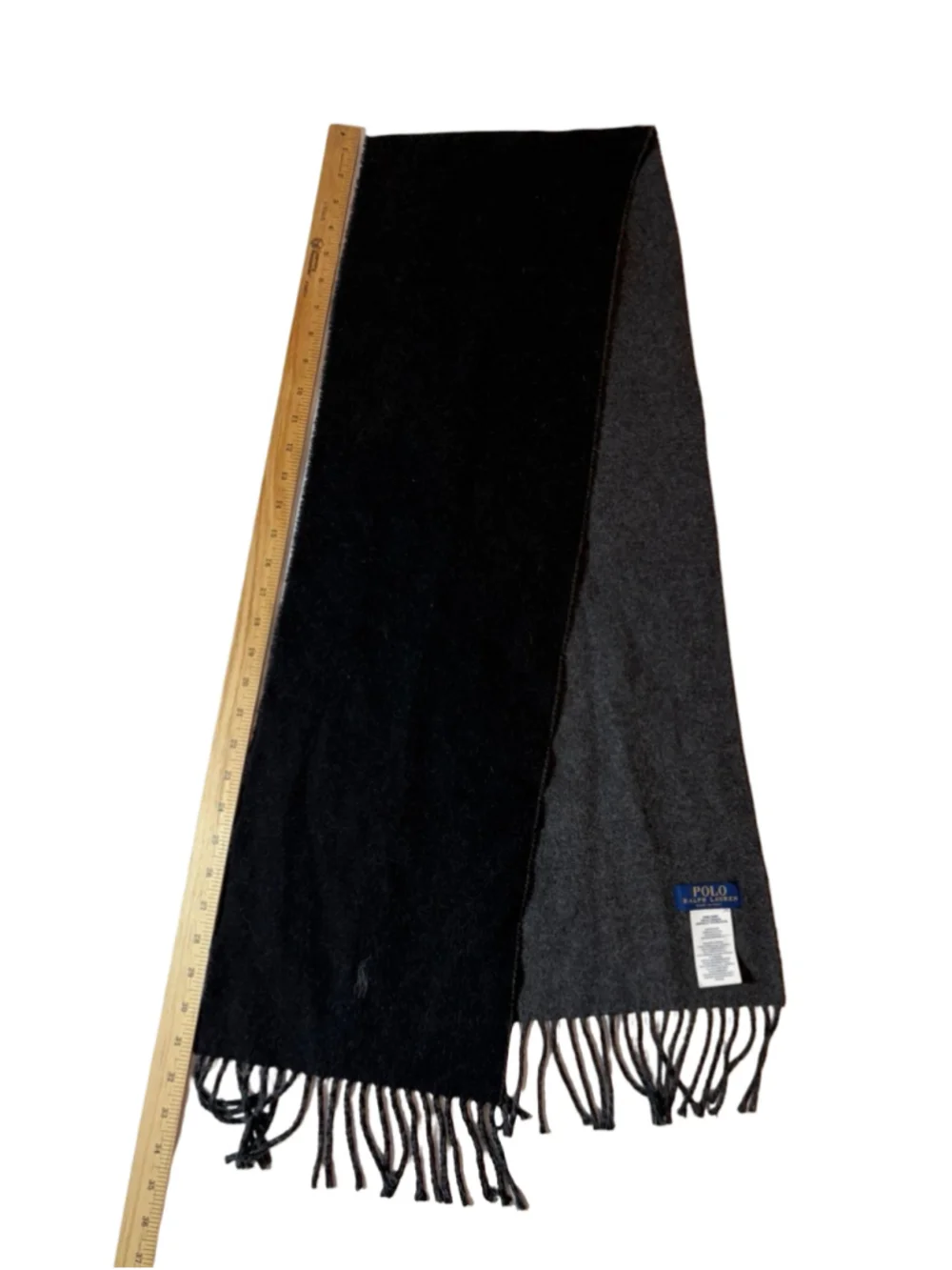 Polo Ralph Lauren Italy Wool Scarf Black Gray Reversible Fringe Preppy